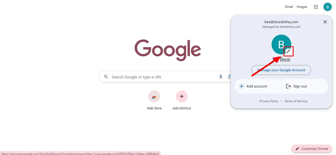 Change Google profile picture on PC with camera icon highlighted