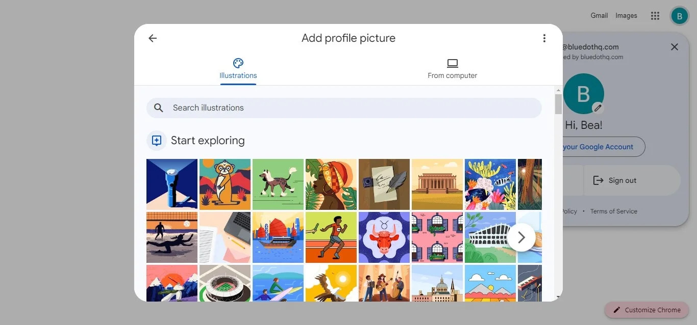 Choose an illustration for Google profile picture from many artworks
