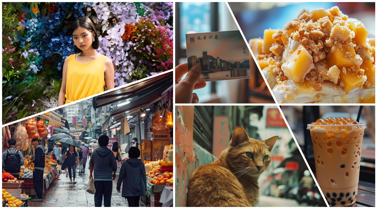 Photoleap compilation of flowers, cityscapes, desserts, markets, cats, and bubble tea