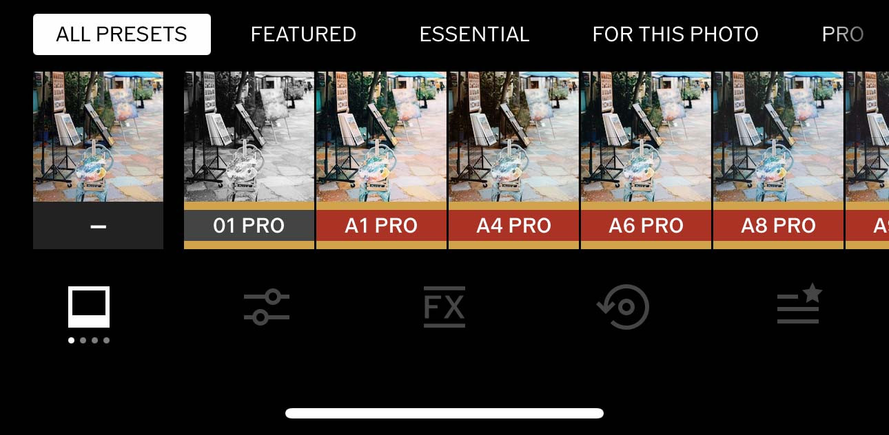 VSCO Preset Tray showcasing various filter options