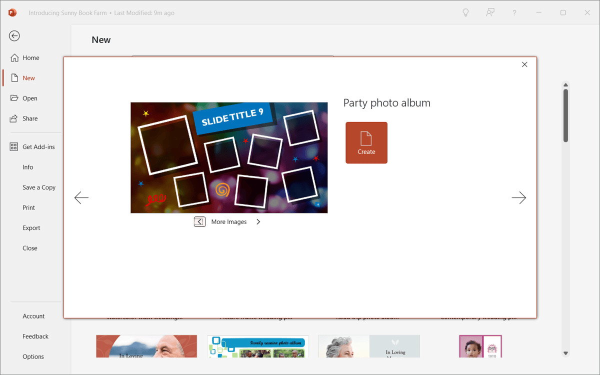 Selecting a photo album template in PowerPoint