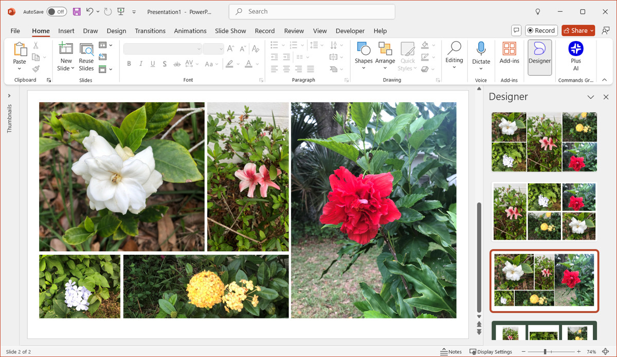 Choosing a design idea to arrange photos in a PowerPoint collage