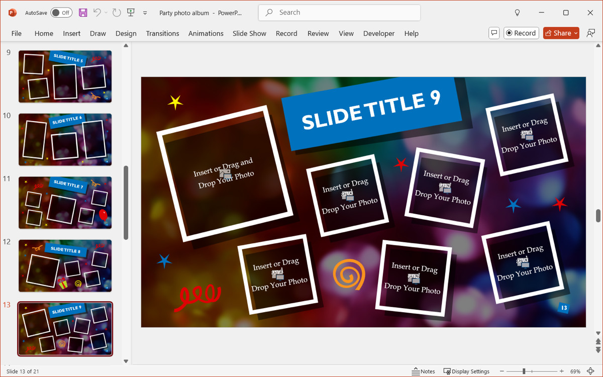 Customizing a party photo album template in PowerPoint
