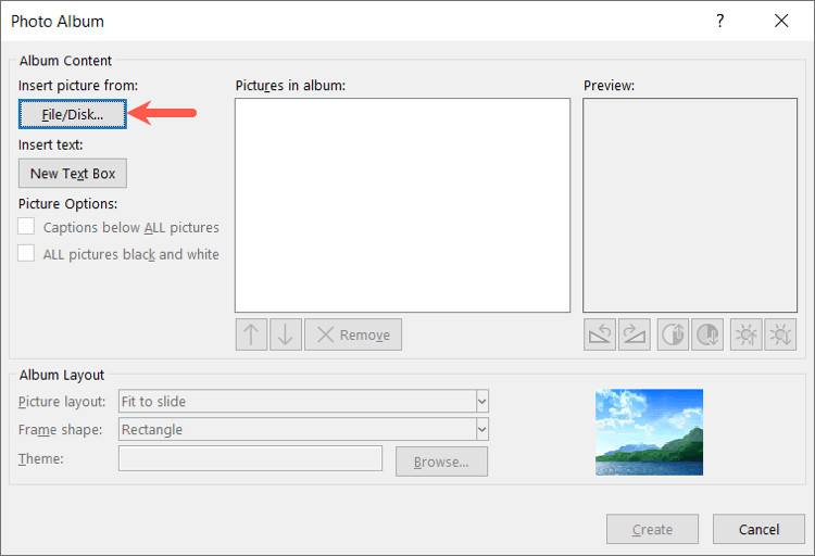 Selecting photos for a PowerPoint photo album