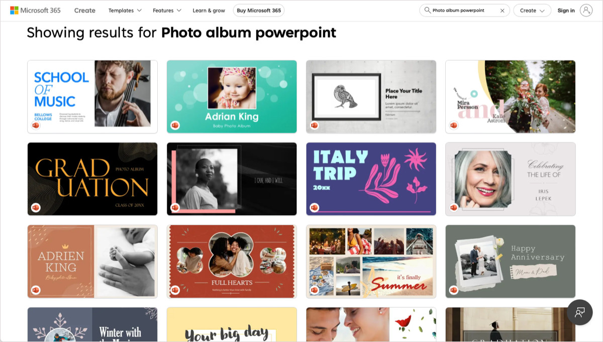 Browsing photo collage templates online at Microsoft Create