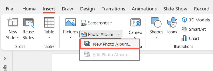 Accessing the New Photo Album feature in PowerPoint