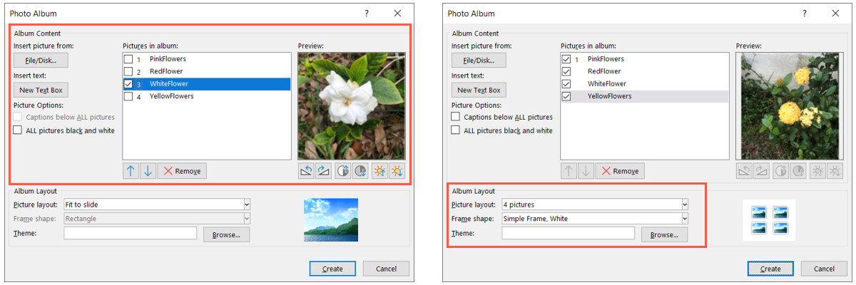 Customizing photo album settings in PowerPoint