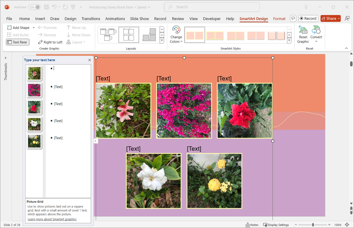 Adding captions to photos in a PowerPoint picture grid layout