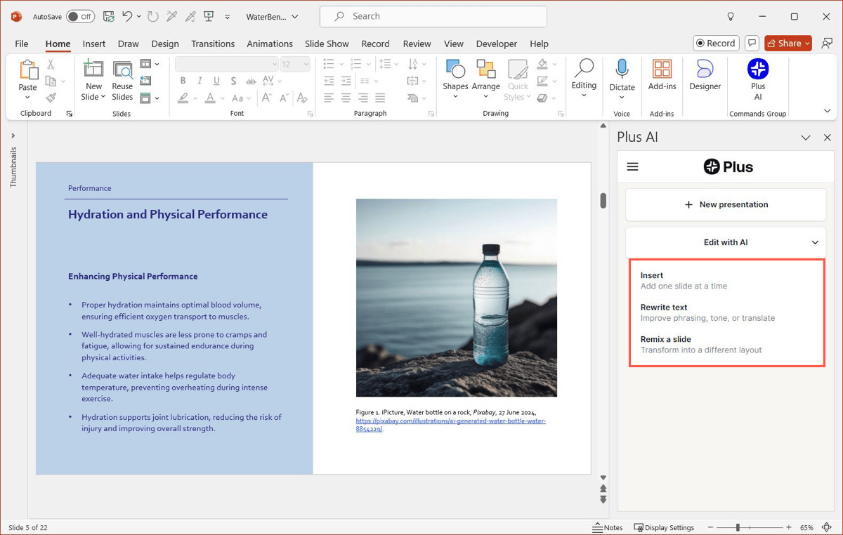 Remixing slide layouts with Plus AI in PowerPoint