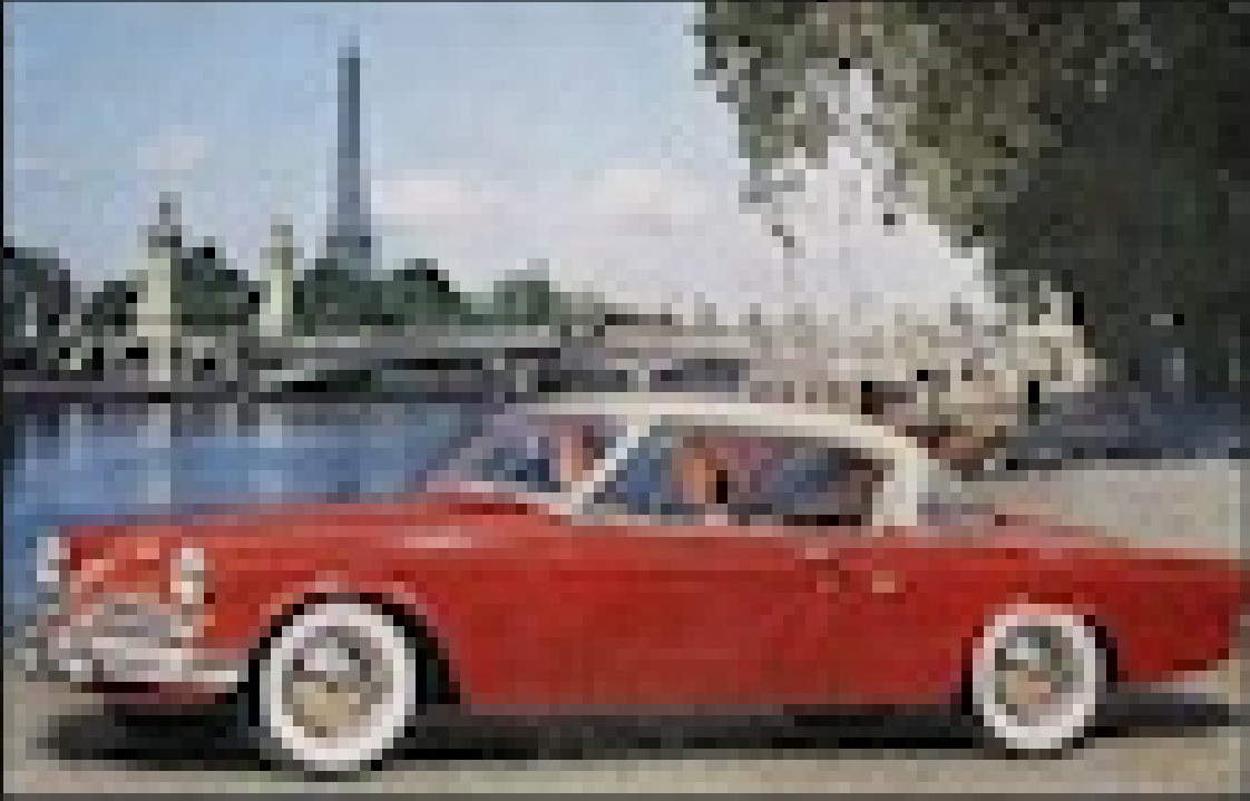 A zoomed-in vintage Studebaker advertisement showing pixelation due to zooming without upscaling.