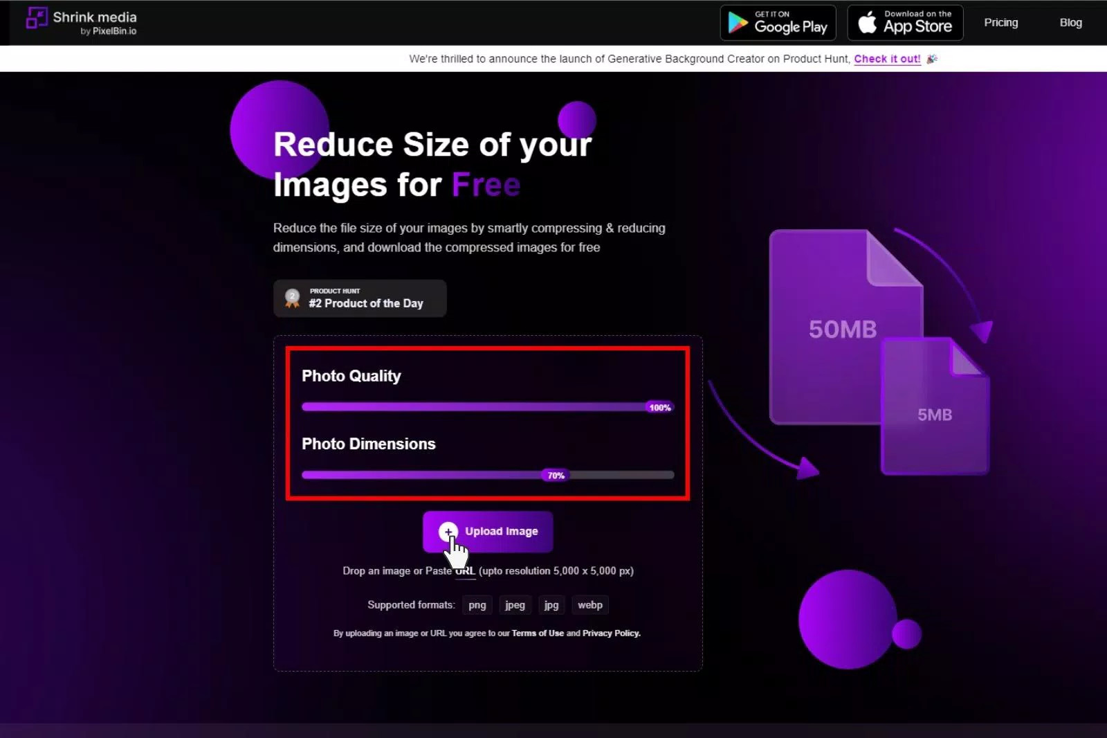 Adjusting photo quality on Shrink.media