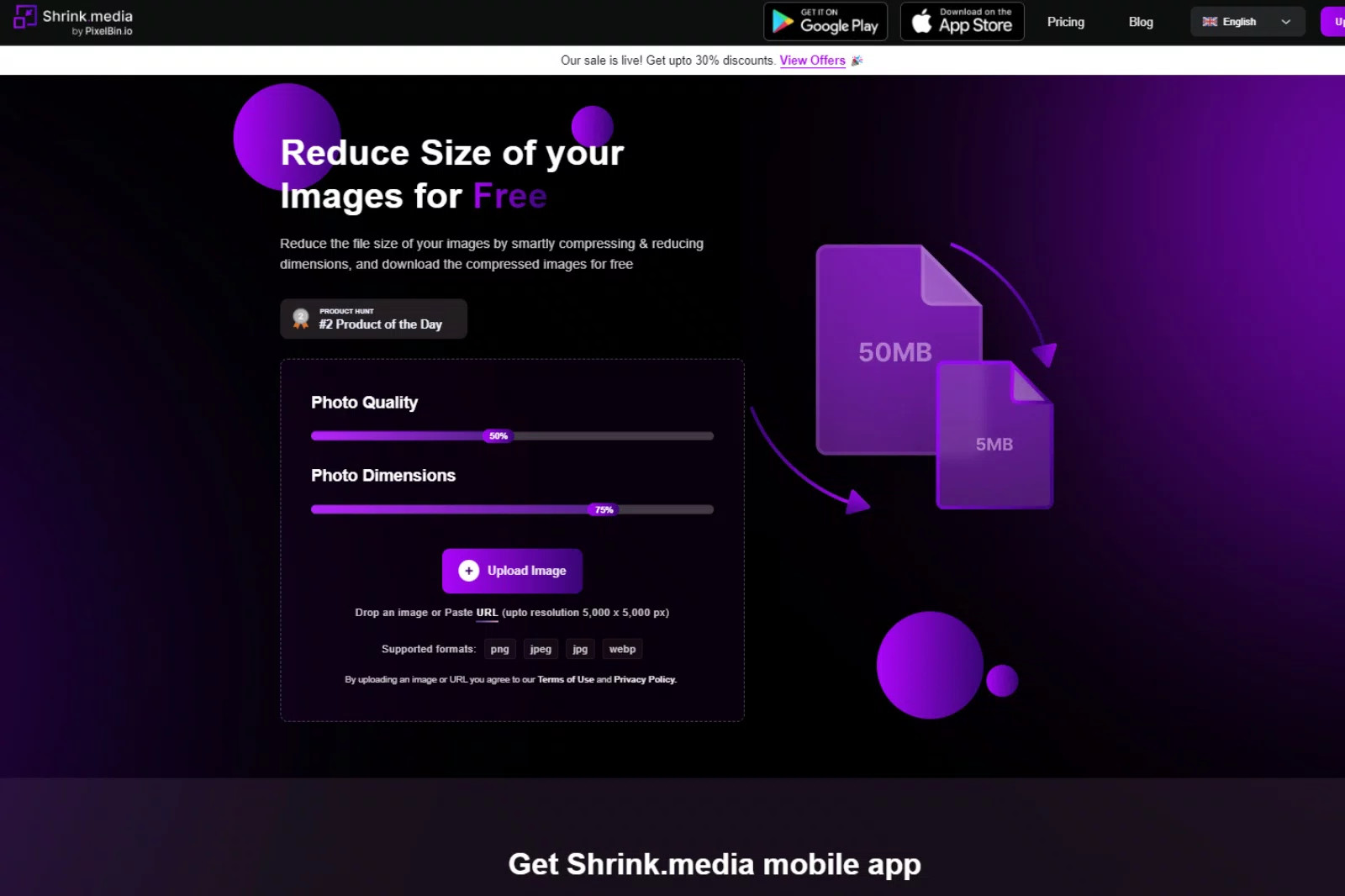 Shrink.media interface for resizing images