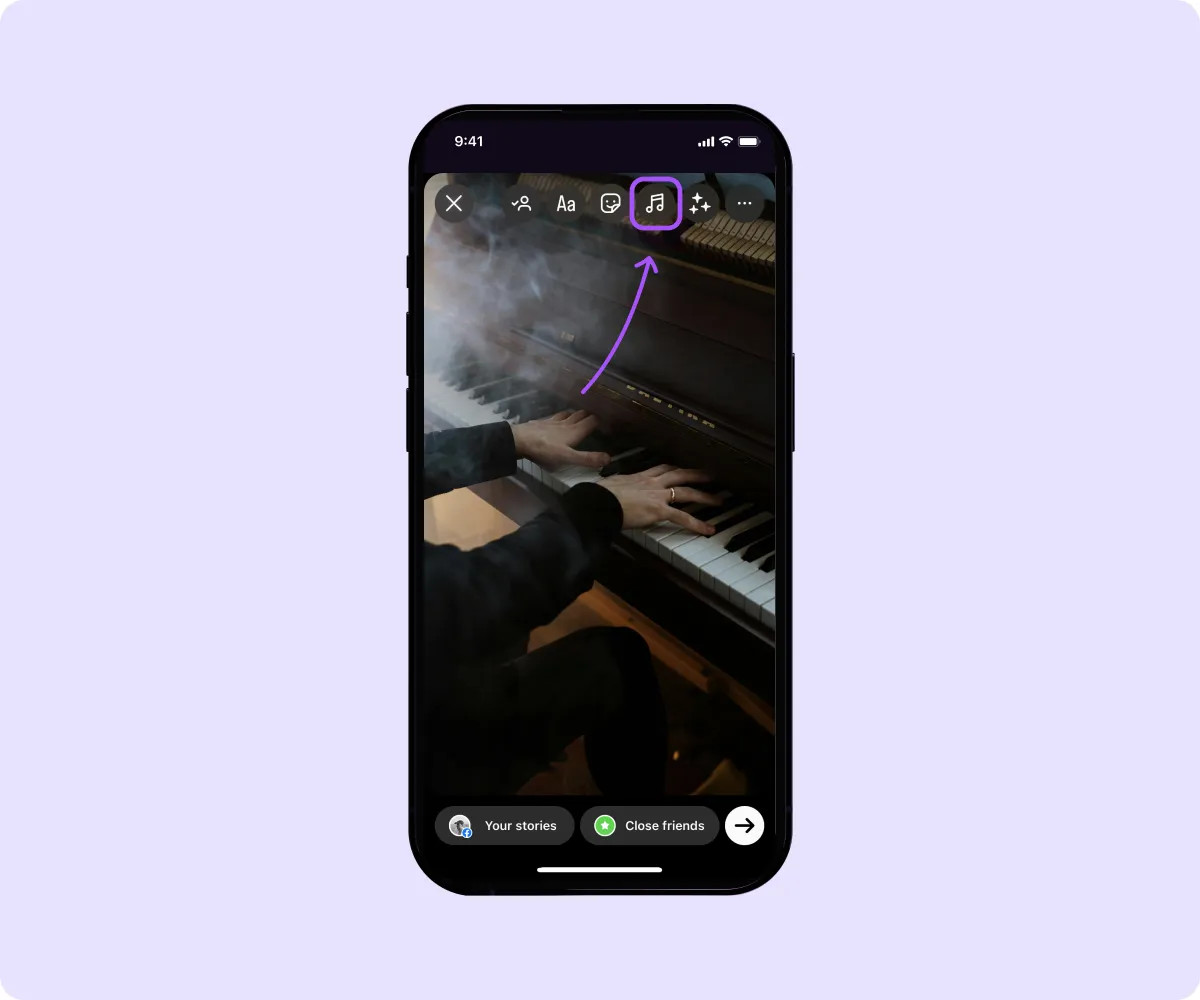 Screenshot demonstrating the location of the music icon in Instagram Reels, guiding users on where to tap to add music to their short videos.