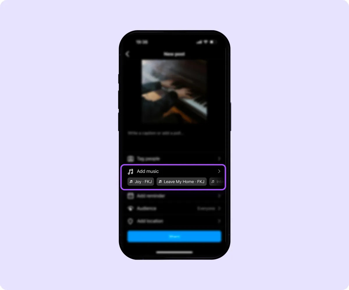 Screenshot showcasing the editing page on Instagram with the music note icon highlighted, guiding users to add audio to their posts.