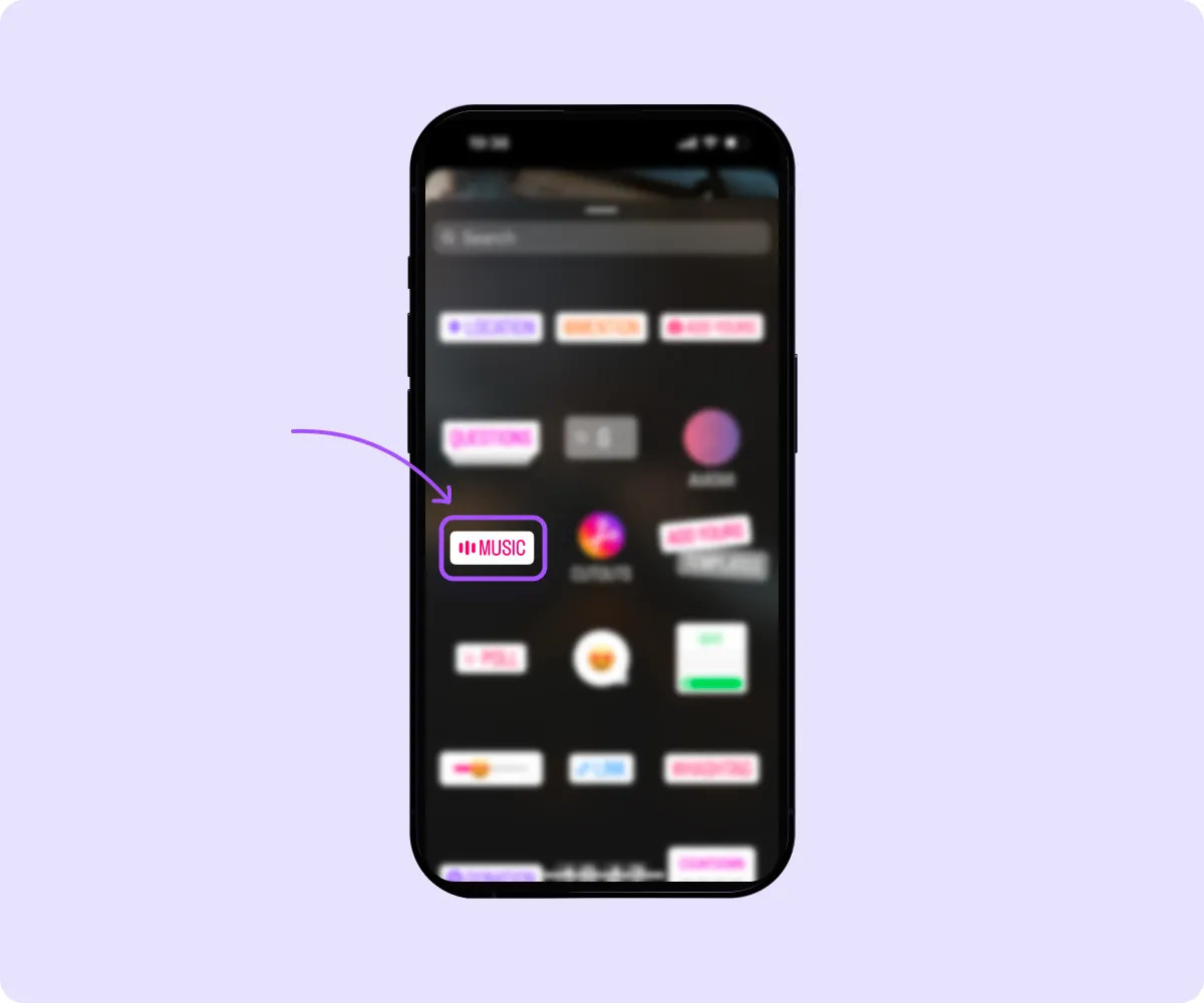 Screenshot of the Instagram Story sticker menu, focusing on the Music option that allows users to add songs to their stories.