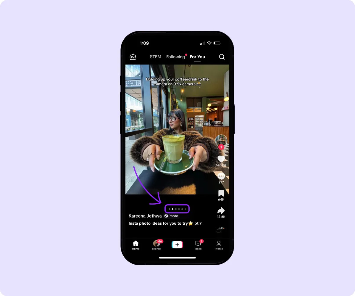 A smartphone displays a TikTok Photo Swipe example, showcasing multiple images in a single post.