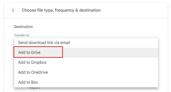 Set up export settings in Google Takeout.
