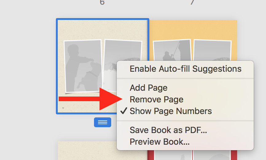 Screenshot of Shutterfly's "All Pages" view, highlighting the "Remove Page" option in the contextual menu, demonstrating how to easily delete a page.