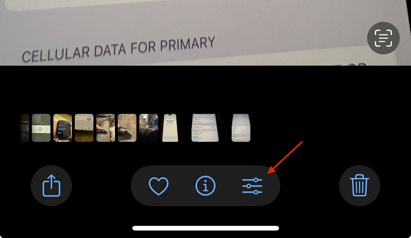 iPhone photo editing interface showing adjustment sliders and options like exposure, contrast, and saturation