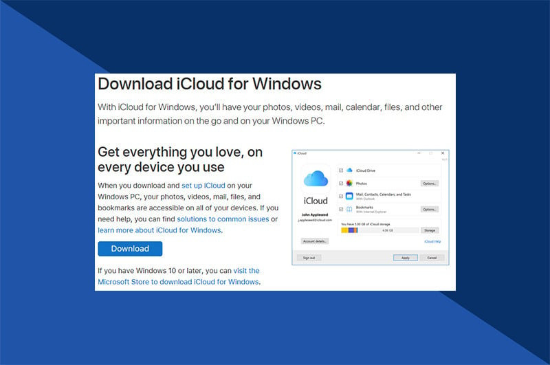 Downloading iCloud for Windows from the Apple Support website to access iCloud photos on a PC