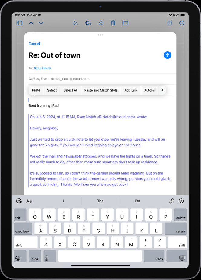 Draft email in progress with attachment options displayed above the keyboard