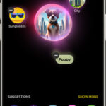 Image Playground app on an iPhone showcasing the creation of an image featuring a dog wearing sunglasses, emphasizing fun and original visual generation.