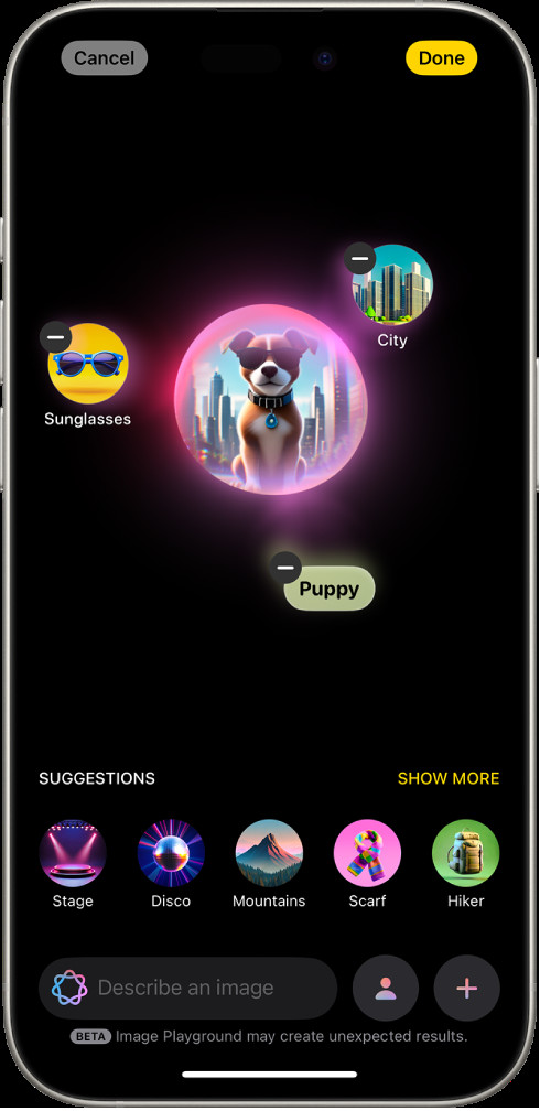 Image Playground app on an iPhone showcasing the creation of an image featuring a dog wearing sunglasses, emphasizing fun and original visual generation.