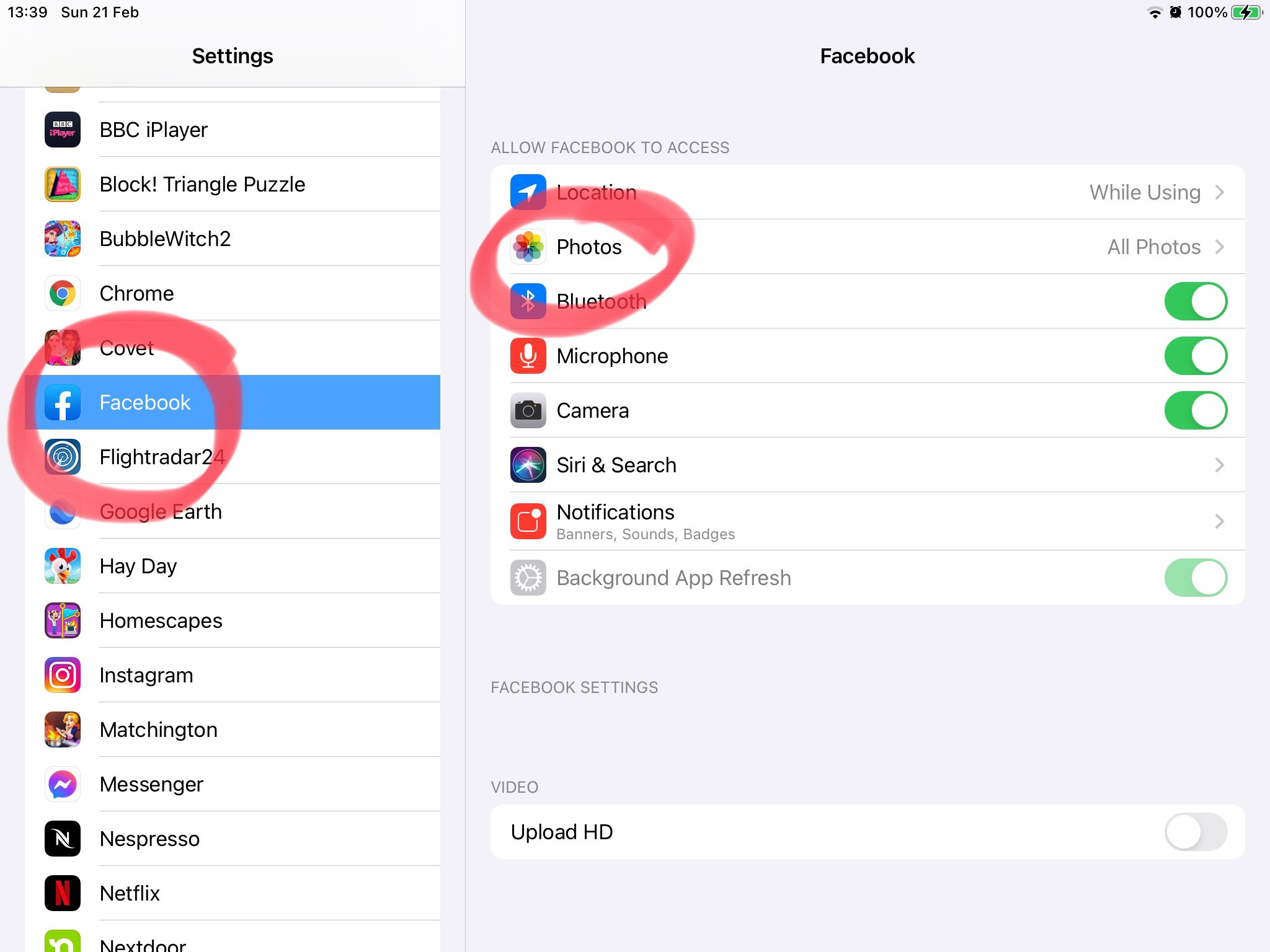 Facebook privacy settings in iOS, showing the Photos option with access set to "All Photos."