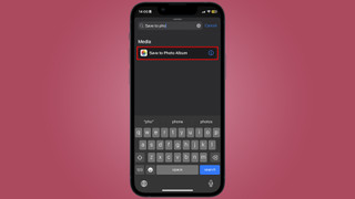 Adding the Save to Photo Album action to finalize the image overlay shortcut. The screenshot shows the search bar and the 'Save to Photo Album' action highlighted in the Shortcuts app.