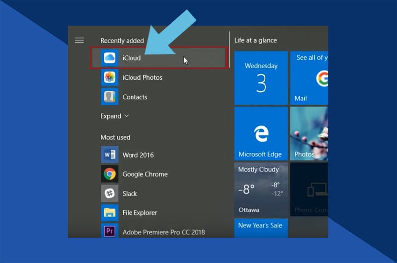 Opening iCloud for Windows after installation to begin syncing photos and other data