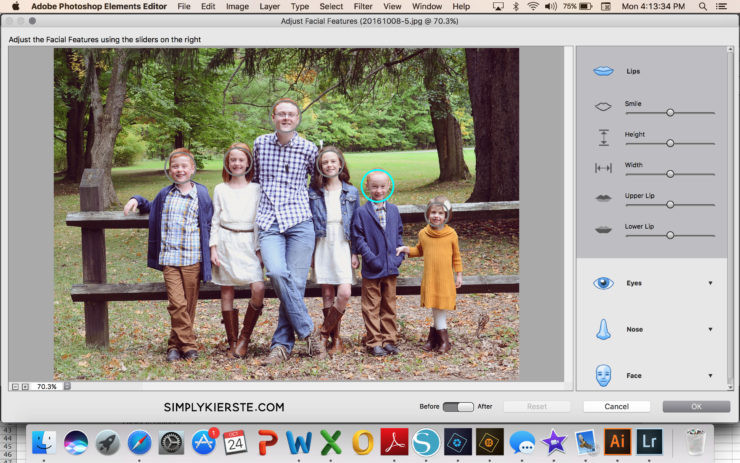 Facial Feature adjustment interface in Adobe Photoshop Elements, highlighting the Lips option for smile enhancement