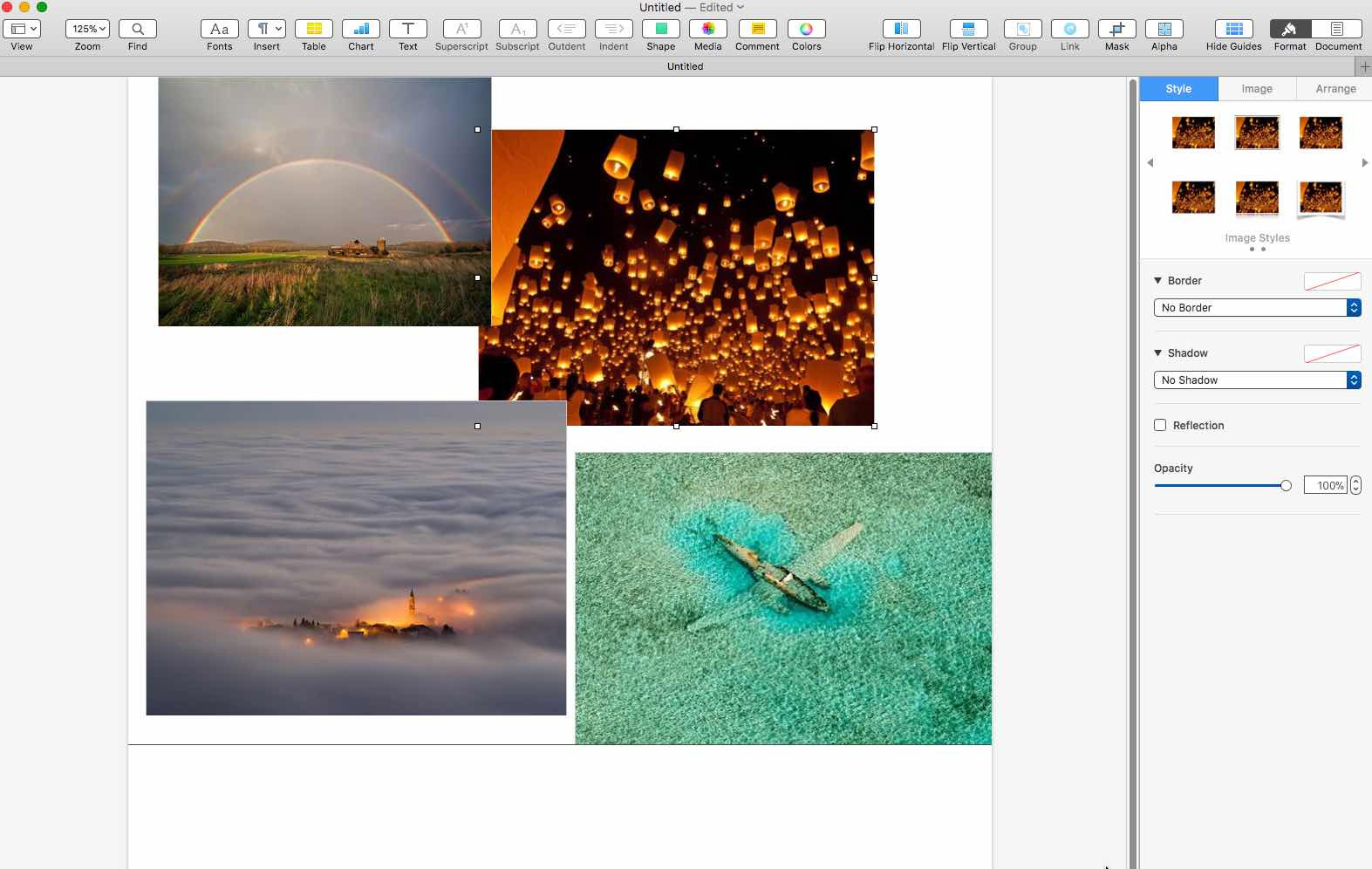 Pages application window showcasing the direct access to photos within the library for easy collage creation