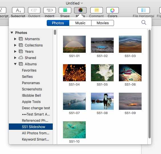 Pages application interface with drag and drop feature for creating a photo collage