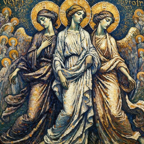 Abstract interplay of light and shadow, form and void, representing three female figures