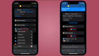 Selecting image variables for the overlay action in the Shortcuts app. The image shows the user choosing the 'Select Variable' option for the first 'Images' variable.