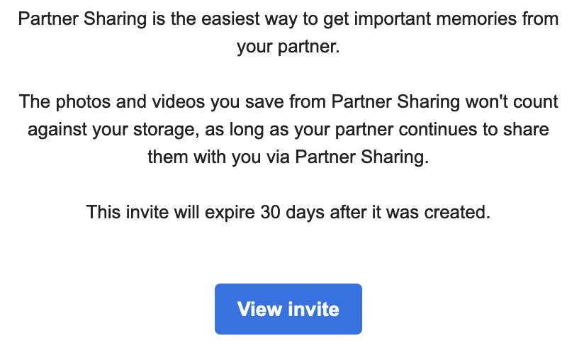Button for accepting the invitation to view Google Photos in another account