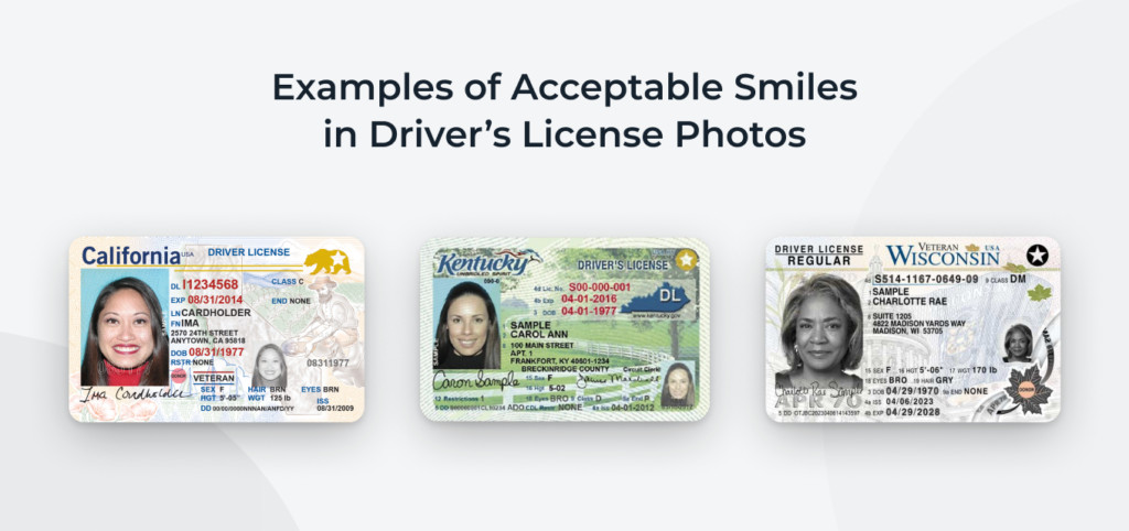 Acceptable smiles for driver's license photos, ranging from gentle to toothy, showcasing a natural and relaxed expression