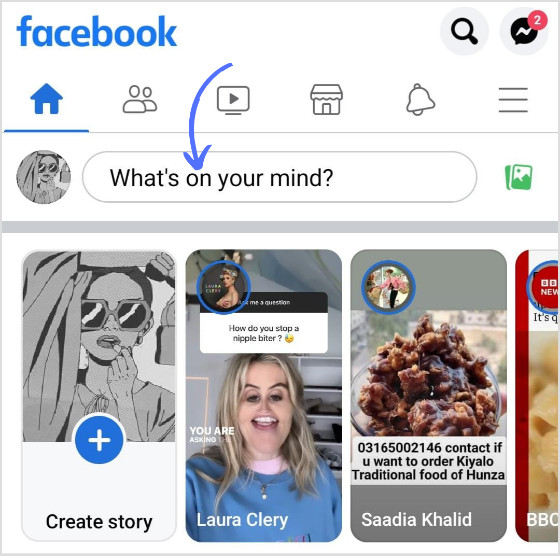 Tap on 'What's on your mind' to start a new Facebook post, inviting you to share your thoughts and photos with your network