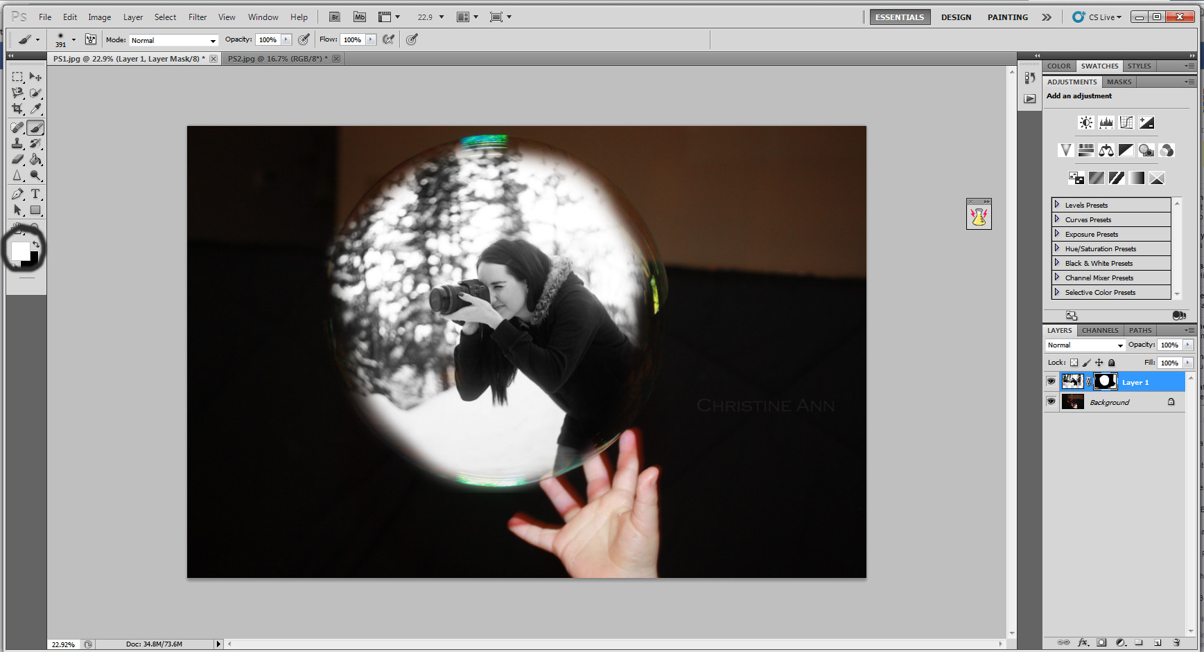 Switching to the white brush to bring back parts of the image