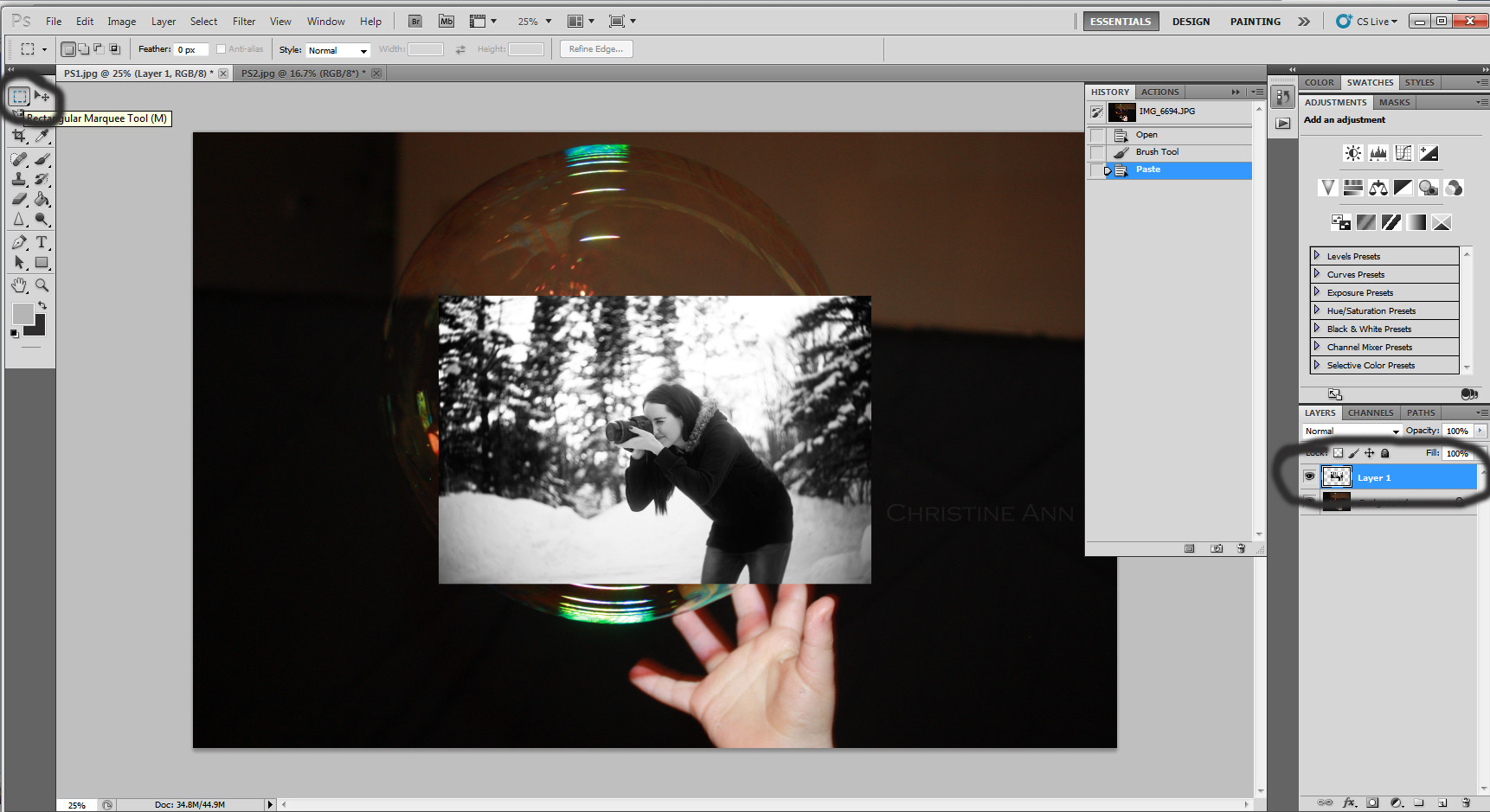 Selecting the marquee tool for image adjustments