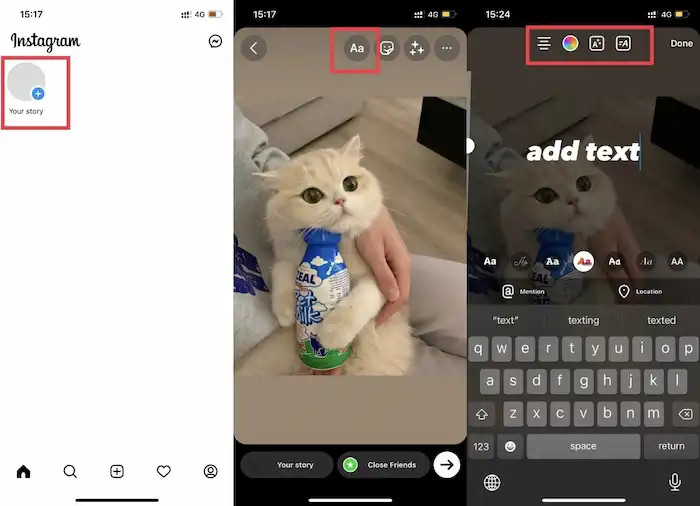 Instagram story text options offering a variety of fonts, colors and styles
