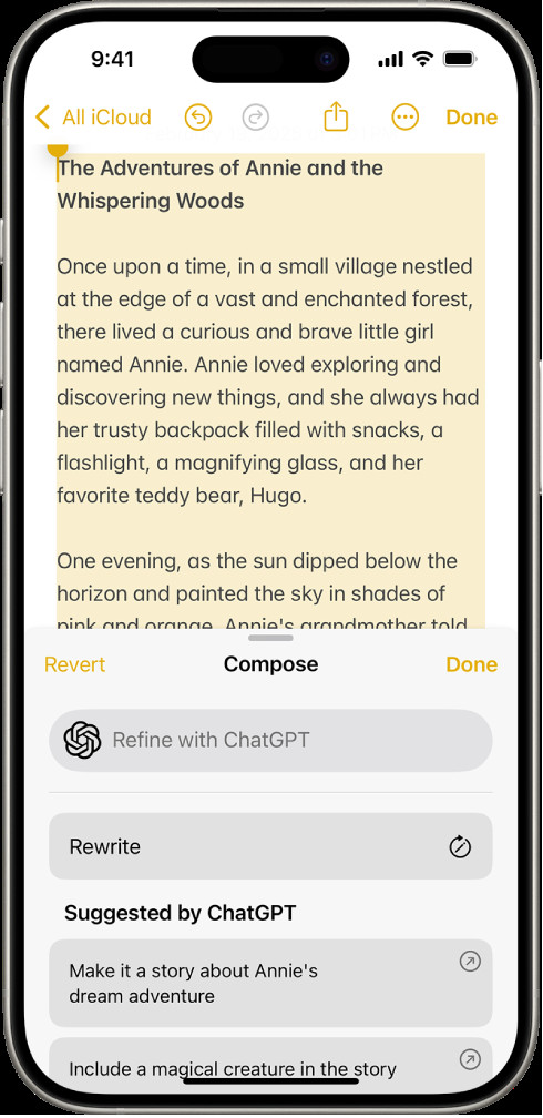 iPhone displaying text in the Notes app with the Compose with Writing Tools dialog open, offering options to describe changes, rewrite, and choose ChatGPT suggestions.