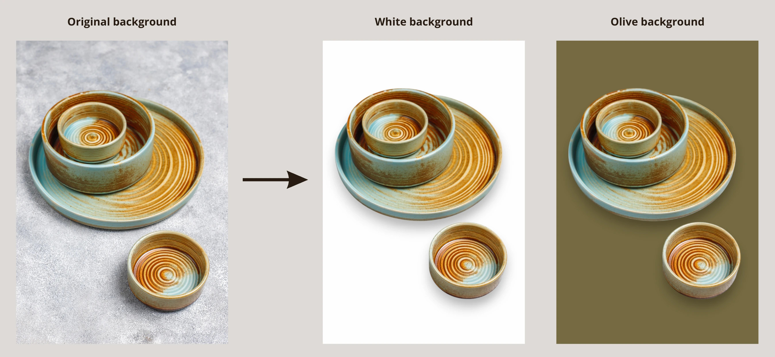 Ceramic dish set with background changes: original, white, and olive, showing editing variations.
