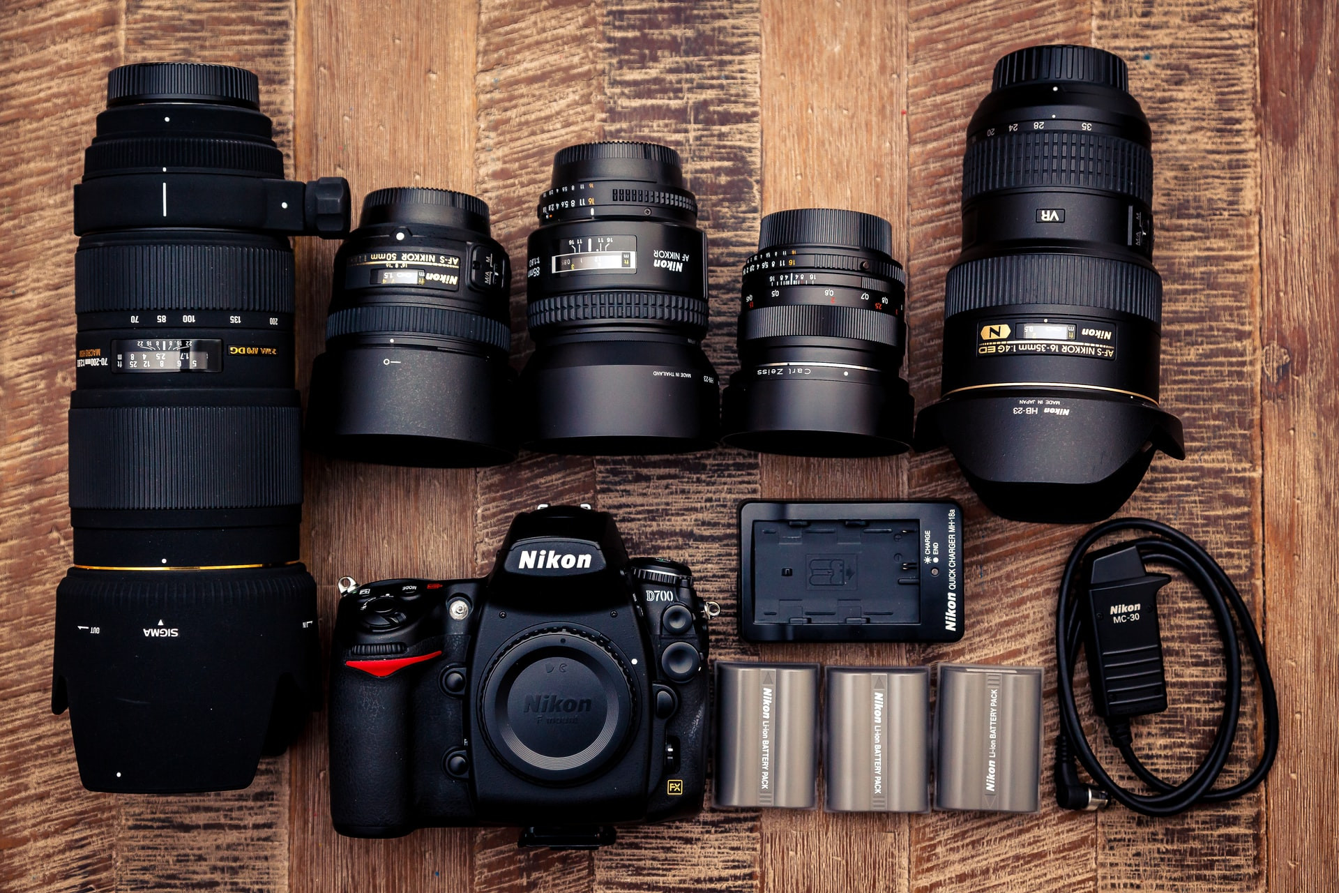 Camera equipment on a wooden surface