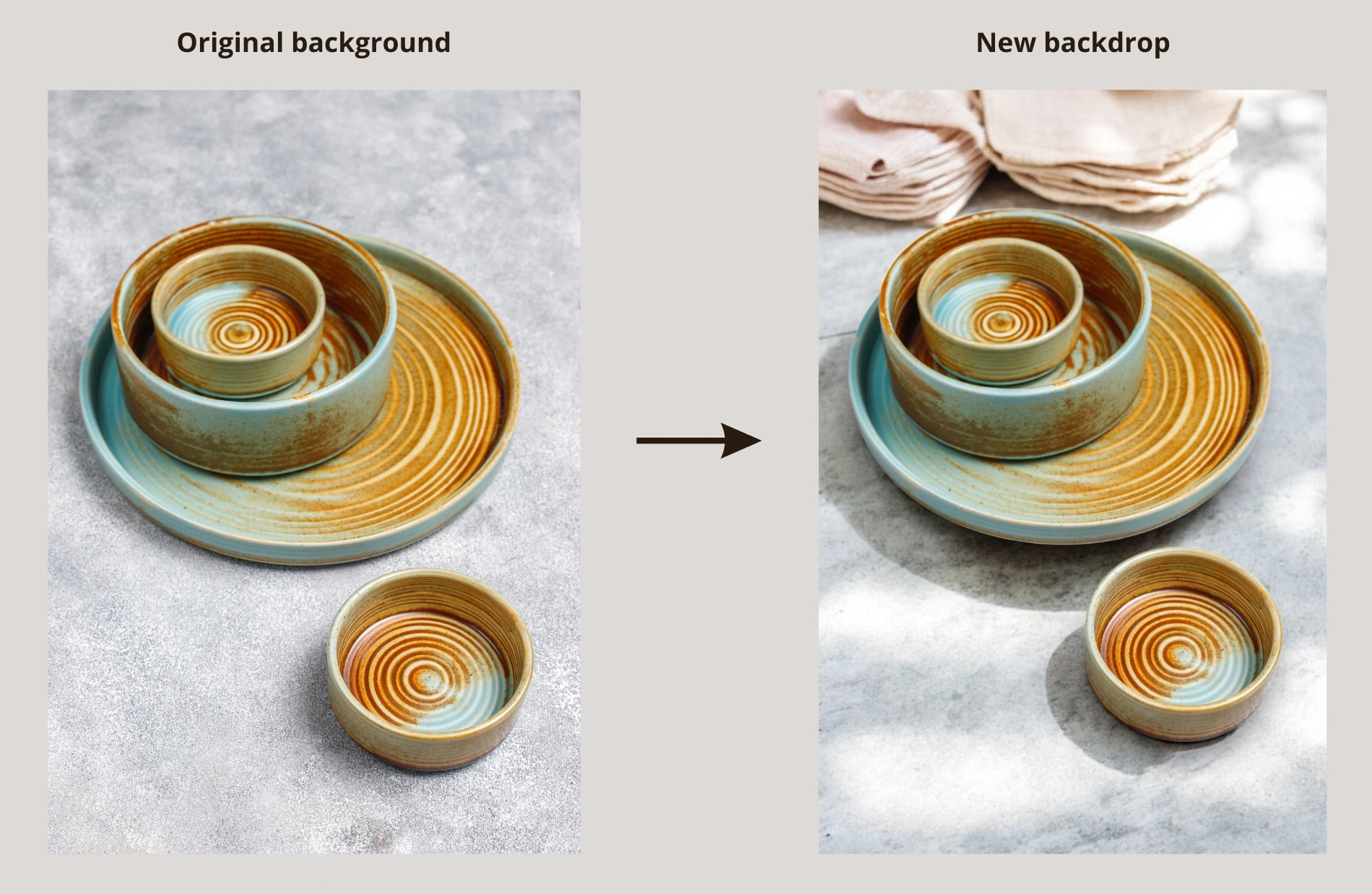 Ceramic dish set with background change from gray to a warm, sunlit scene with folded linens.