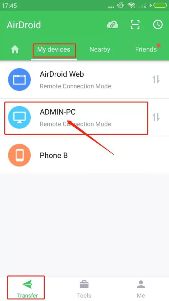 Selecting a device to connect with AirDroid Personal for photo transfer