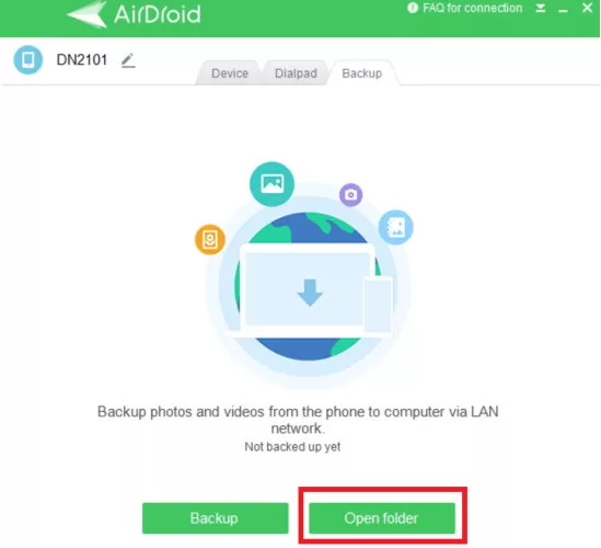 Using AirDroid to backup photos, demonstrating the secure backup process