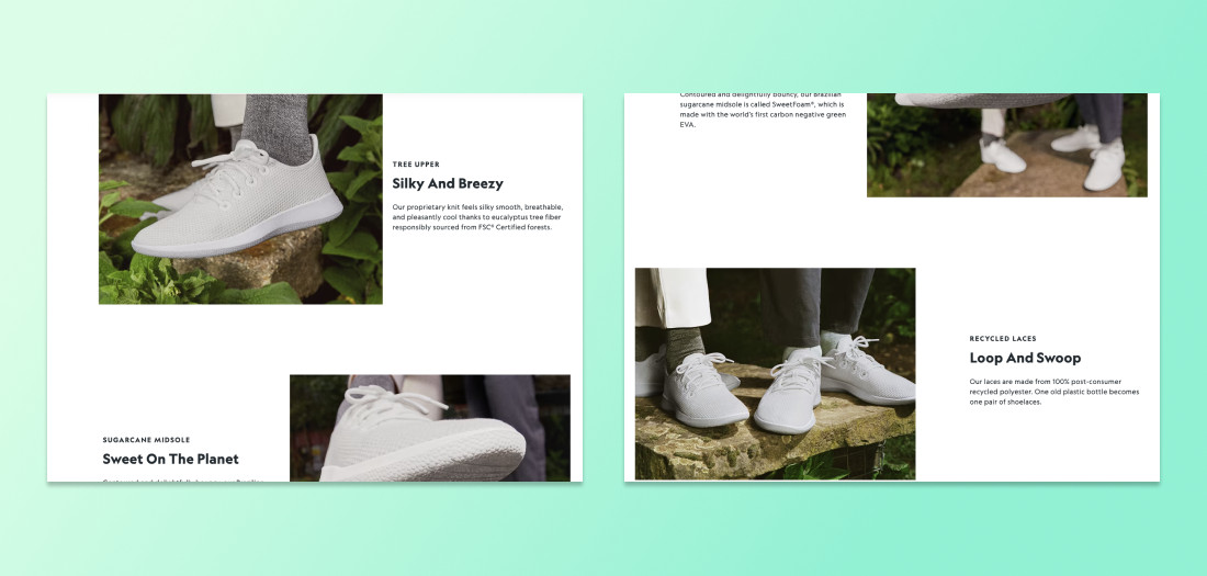 Allbirds footwear product page with four photos modeling white sneakers from the ankle down