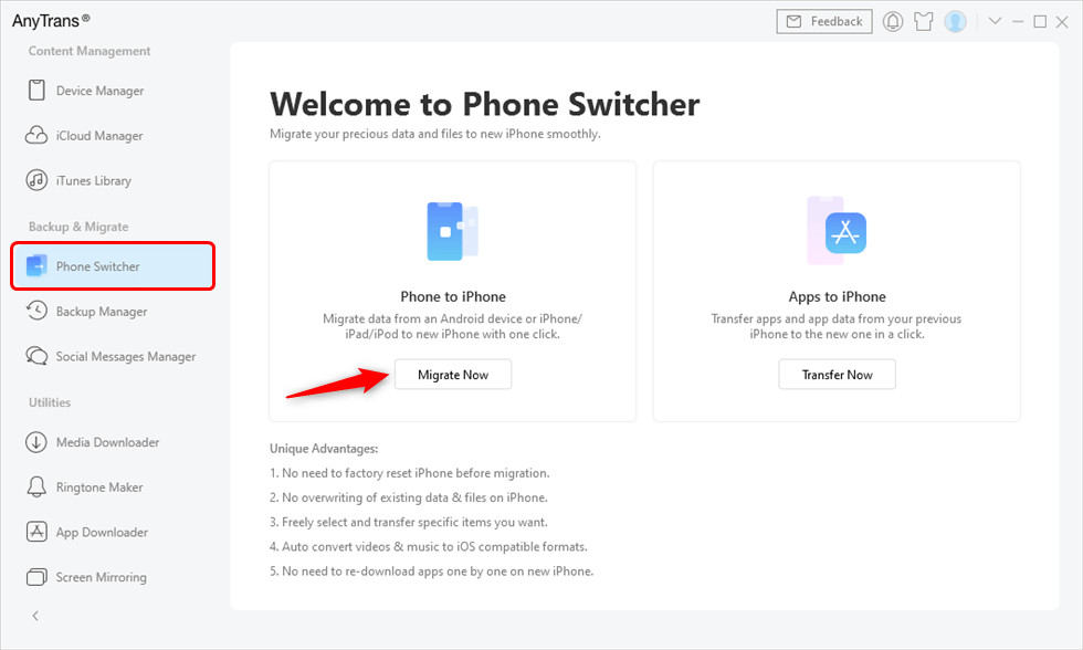 Choose Phone to iPhone to Migrate