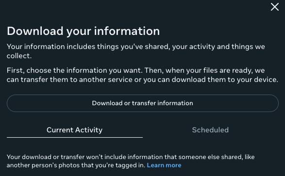 Initiating the download or transfer of Facebook information